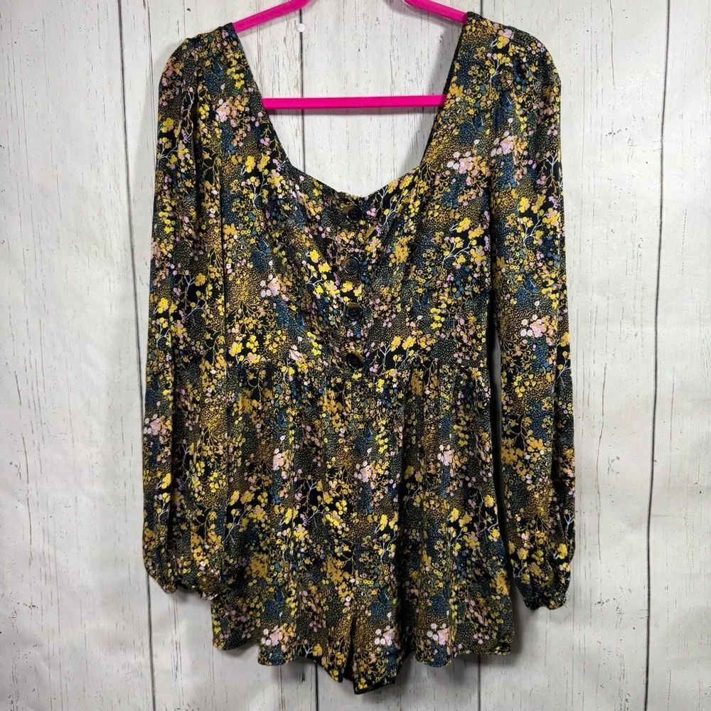Urban Outfitters Black Yellow Floral Long Sleeve Romper Boho Cottagecore Fairy